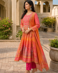 Peach & Pink Chinon Handwork Designer Kurta Set with Dupatta
