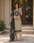 Beige & Black Pure Crepe Embroidered Kurta Set with Dupatta