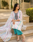 White Pure Cotton Embroidered Kurta Set with Multicolor Stripes & Cotton Dupatta