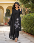 Black Pure Cotton Embroidered Kurta Set with Cotton Dupatta