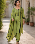 Olive Green Roman Silk Kurta Set with Heavy GPO Lace Work
