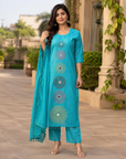 Blue Pure Cotton Mirror Work Kurta Set with Dupatta