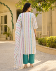 White Pure Cotton Embroidered Kurta Set with Multicolor Stripes & Cotton Dupatta