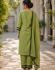 Olive Green Roman Silk Kurta Set with Heavy GPO Lace Work