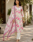 Pure Cotton Pink Floral Handwork Embroidered Kurta Set with Cotton Dupatta