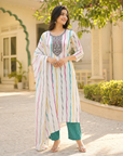 White Pure Cotton Embroidered Kurta Set with Multicolor Stripes & Cotton Dupatta