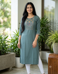 Dusty blue embroidered straight kurti