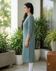 Dusty blue embroidered straight kurti