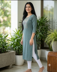 Dusty blue embroidered straight kurti