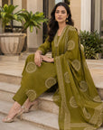Olive green printed 3-piece kurta set
