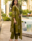 Olive green printed 3-piece kurta set