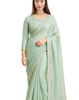 PASTEL GREEN DESIGNER EMBROIDERED SAREE WITH READY TO WEAR BLOUSE