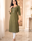 Olive Green embroidered straight kurti