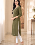 Olive Green embroidered straight kurti