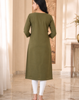 Olive Green embroidered straight kurti