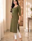 Olive Green embroidered straight kurti
