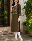 Olive green floral yoke straight kurti
