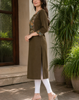 Olive green floral yoke straight kurti