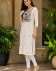 Off-white Embroidered Cotton Kurti