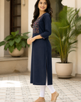 Navy blue embroidered straight kurti