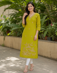 Lime green embroidered straight kurti
