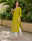 Lime green embroidered straight kurti