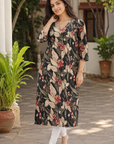 Black floral printed straight kurti