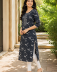 Charcoal grey printed straight kurti