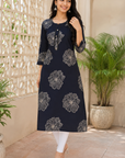 Navy blue floral printed straight kurti