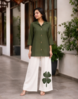 Olive green shirt & white plazzo printed co-ord set