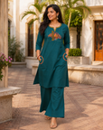 Teal Blue embroidered kurta plazzo set
