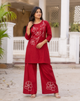 Cherry red embroidered kurta plazzo set