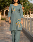 Sage green embroidered kurta pant set
