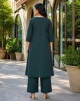 Teal green embroidered kurta pant set