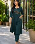 Teal green embroidered kurta pant set