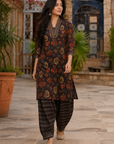 Black floral printed kurta with patiala pant set