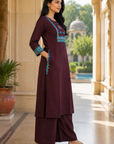 Coffee brown embroidered kurta pant for