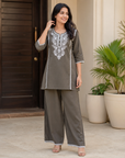 Grey embroidered cotton blend co-ord set