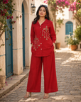 Red embroidered co-ord set