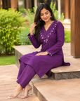 Purple embroidered cotton kurta pant set