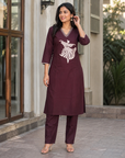 Maroon embroidered cotton kurta pant set