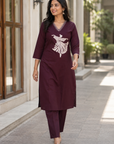 Maroon embroidered cotton kurta pant set
