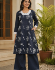 Navy Blue floral printed kurta pant set