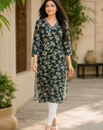 Black floral printed straight kurti