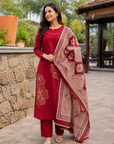 Wine red printed kurta set
