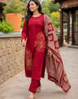 Wine red printed kurta set