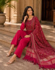 Magenta embroidered 3-piece kurta set