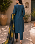 Teal Blue floral printed 3-piece kurta set