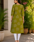 Olive green floral printed straight kurti