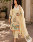 Cream ethnic printed 3-piece kurta set